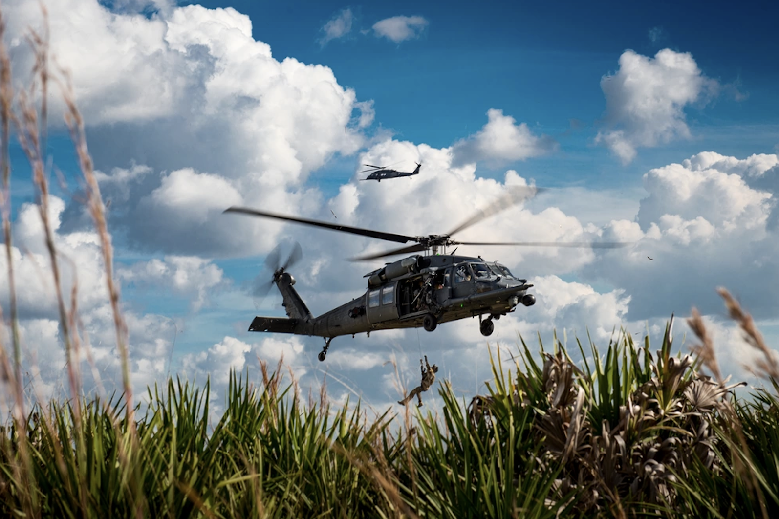 Military helicopter training over the Avon Park Air Force Range landscape